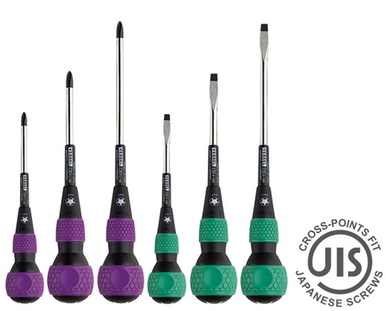 6 piece Ball Grip Screwdriver, Shank through handle, JIS